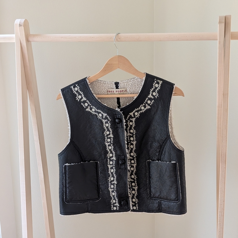 Free People Travelers Faux-Leather Sherpa Lined Embroidered Vest In Black - M